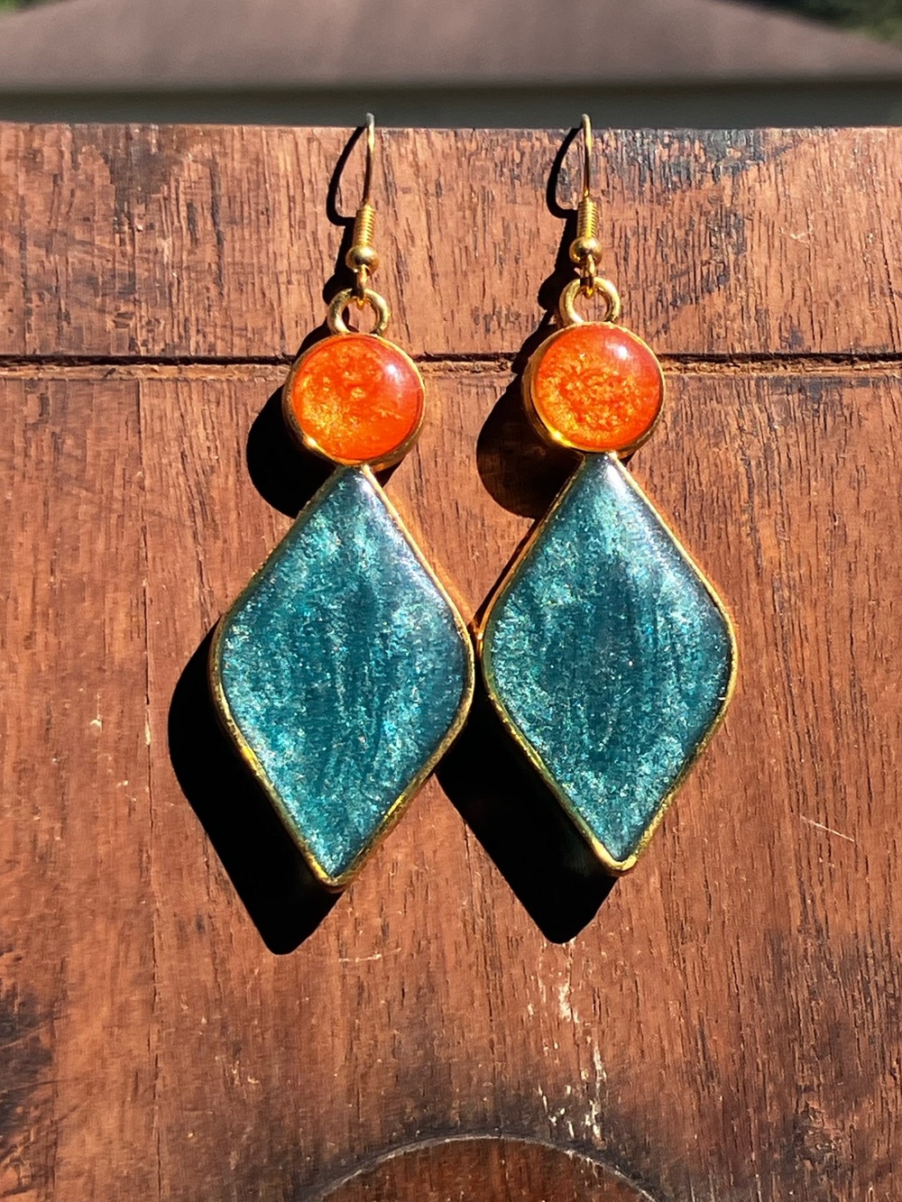 Teal and burnt orange geometric dangle earrings - Picture 2 of 4
